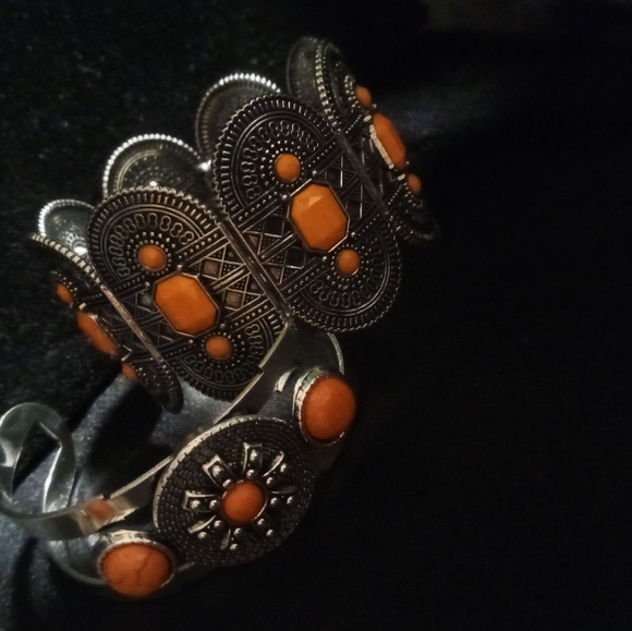 2 Intricate Silver Bracelet with Orange coral color Stones & matching earrings - Picture 6 of 8